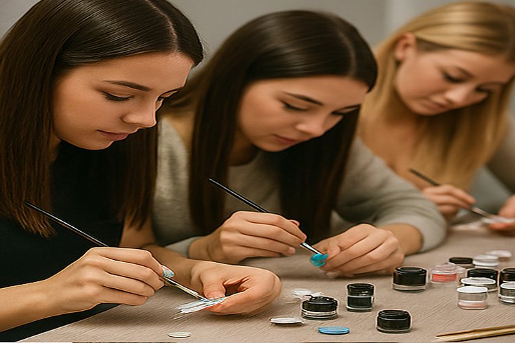 Nail Art eğitimi sırasında eğitmen ve öğrenci uygulama yapıyor