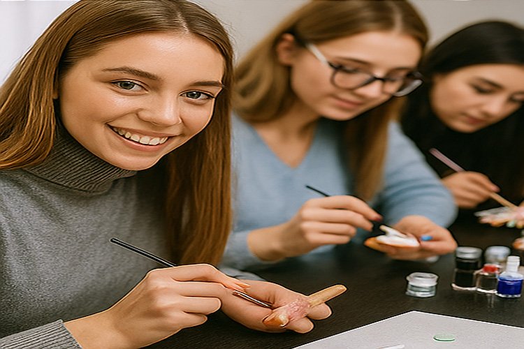 Nail Art kursunda öğrenciler tırnak süsleme teknikleri öğreniyor